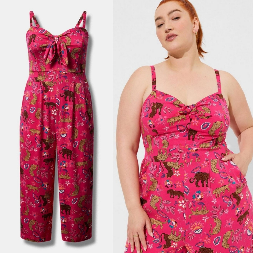 Torrid Tie Front Culotte Jumpsuit - Pink Leopard